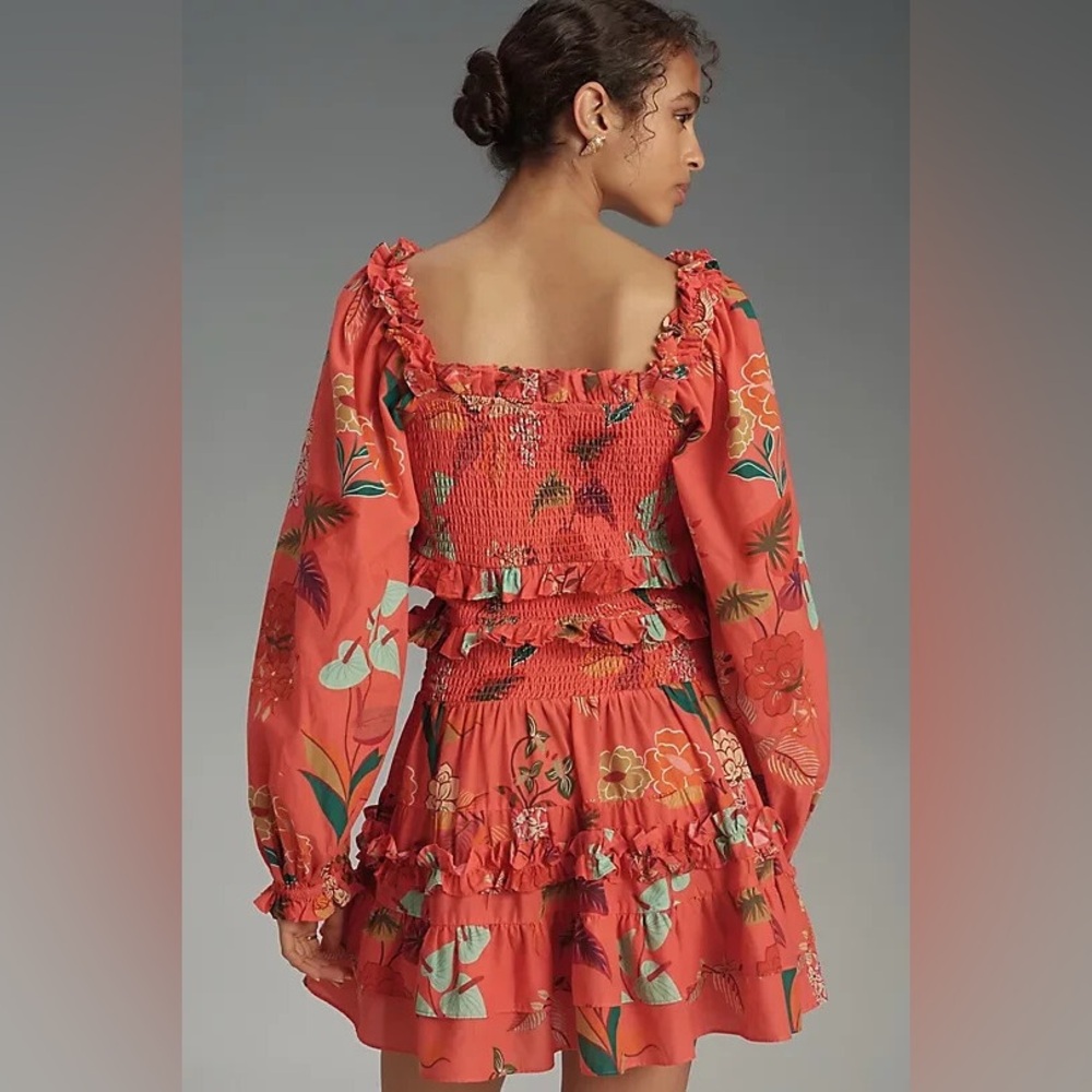 Farm Rio x Anthropologie Smocked Ruffle Mini Dress floral Size - Picture 4 of 7